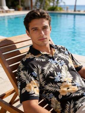 Tommy Bahama 100% Cotton Floral Hibiscus Print Pique Polo Shirt Medium Vacation